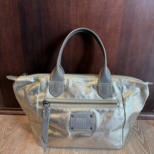 Frye Metallic Silver Coated Cotton Canvas Tote Bag with Leather Trim